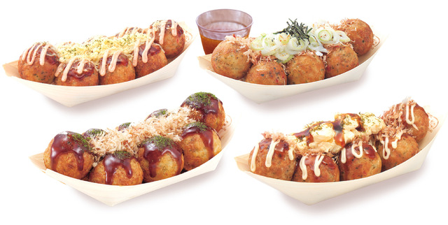 左上:チーズ明太子、 右上:ねぎだこ、 左下:創業以来人気No.1 「ぜったいうまい!! たこ焼」、 右下:てりたま