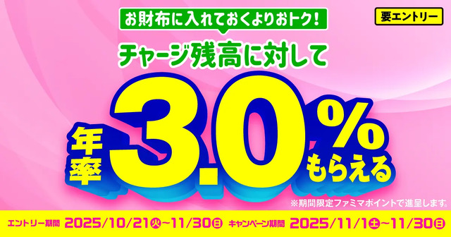 ファミペイ チャージ残高の年率3.0%ポイント進呈!エントリーは10/21~