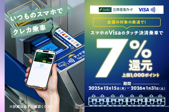 三井住友カードで鉄道利用額7%還元!スマホVisaタッチ決済キャンペーン