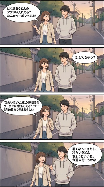 冷たいうどんが100円引き?はなまるうどんアプリクーポンを2枚入手【4コマ漫画で要点整理】