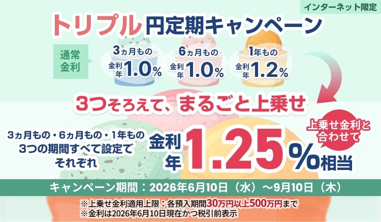 SBI新生銀行、3期間すべてで年1.25%相当の「トリプル円定期キャンペーン」を開始