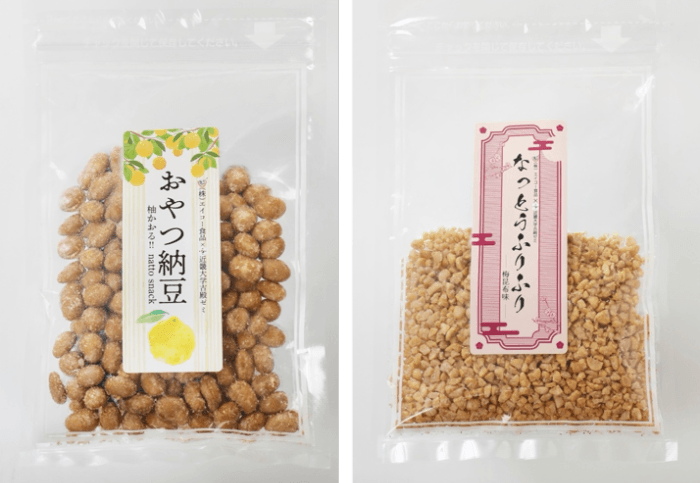 新商品のおやつ納豆(左)となっとうふりふり(右)