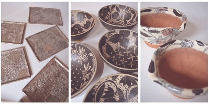 野花の作品を主とした生活の器や、銀彩の作品。陶の壁掛けや雑貨などユーモラスな作品もご案内します。