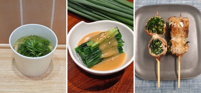 左から 【宮城県産・福岡県産】 小ねぎのぬた和え ※定食小鉢での提供 (みのる食堂銀座) 【宮城県産・福岡県産】小ねぎと鶏団子の春雨スープ650円(みのりカフェ銀座) 【福岡県産】国産豚 小ねぎ巻き串432円(みのりみのるチキン)